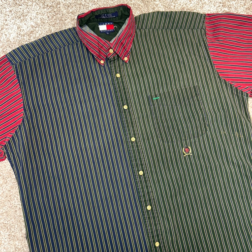 Tommy Hilfiger Shirt Large Color Block Striped Vintage 90s Crest Button Down